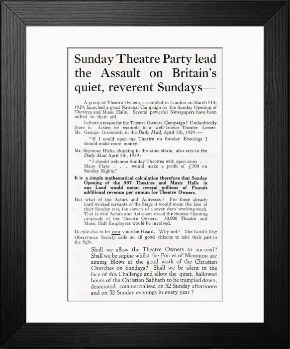 Framed Print : Leaflet 1 against Sunday opening of Theatres and Cinemas Framed Print : Leaflet 1 against Sunday opening of Theatres and Cinemas