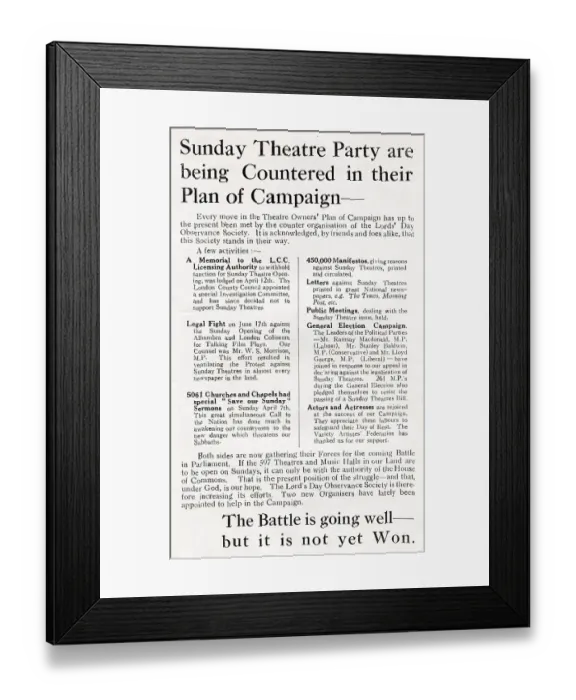 Framed Print : Leaflet 2 against Sunday opening of Theatres and Cinemas Framed Print : Leaflet 2 against Sunday opening of Theatres and Cinemas