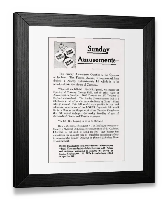 Framed Print : Leaflet 4 against Sunday opening of Theatres and Cinemas Framed Print : Leaflet 4 against Sunday opening of Theatres and Cinemas