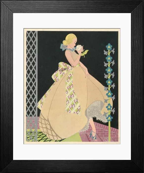 Framed Print : Art Deco lady smelling a white rose Framed Print : Art Deco lady smelling a white rose