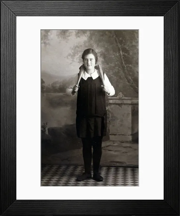 Framed Print : Schoolgirl - Studio Portrait with exercise clubs Framed Print : Schoolgirl - Studio Portrait with exercise clubs