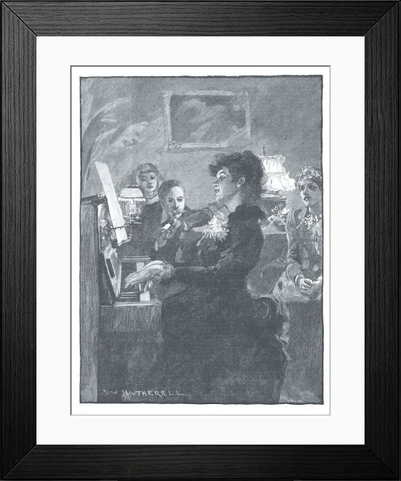Framed Print : Pianist. Victorian scene depicting a lively female pianist at the keyboard with onlookers Framed Print : Pianist. Victorian scene depicting a lively female pianist at the keyboard with onlookers