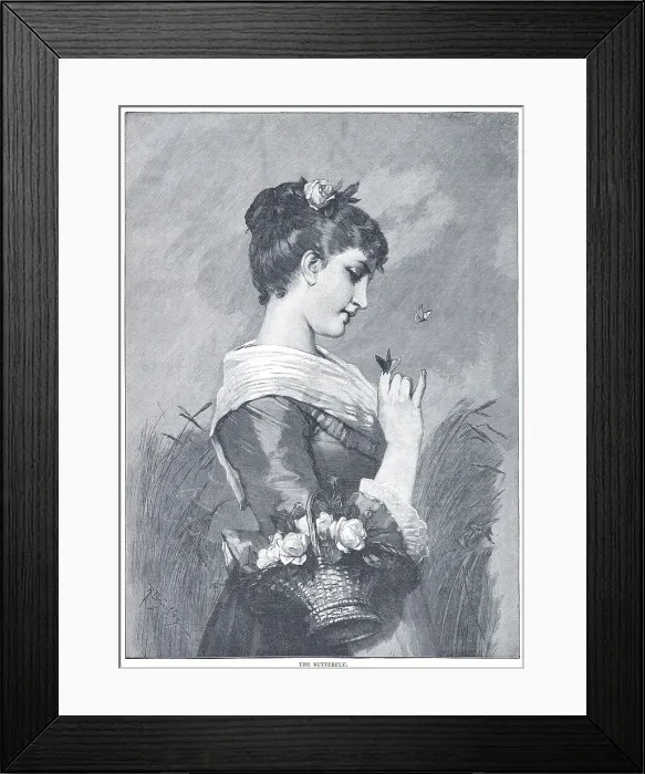 Framed Print : Butterfly. Young lady with a basket of roses intrigued by the delicacy Framed Print : Butterfly. Young lady with a basket of roses intrigued by the delicacy