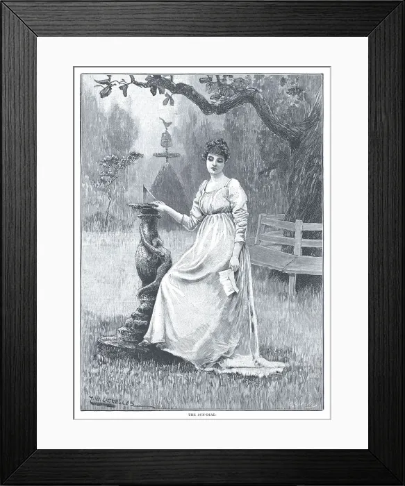 Framed Print : Sundial. Visual metaphor for a woman let down in love, standing by a sundial Framed Print : Sundial. Visual metaphor for a woman let down in love, standing by a sundial