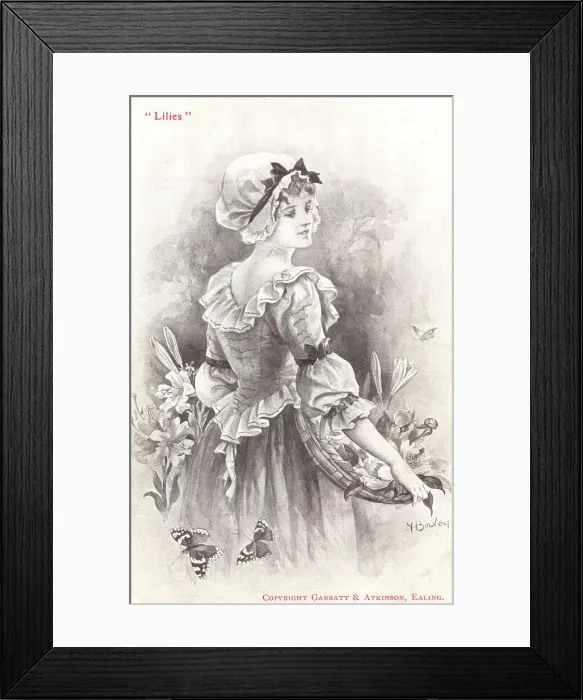 Framed Print : Lilies. Young girl in a bonnet carrying a basket of lilies Framed Print : Lilies. Young girl in a bonnet carrying a basket of lilies