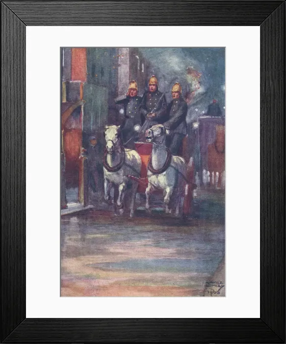 Framed Print : Firemen in a fire tender racing through a street to the scene of a fire Framed Print : Firemen in a fire tender racing through a street to the scene of a fire