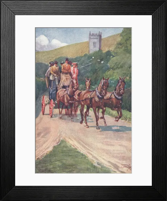 Framed Print : Coaching. Coach and horses with passengers on a country road Framed Print : Coaching. Coach and horses with passengers on a country road