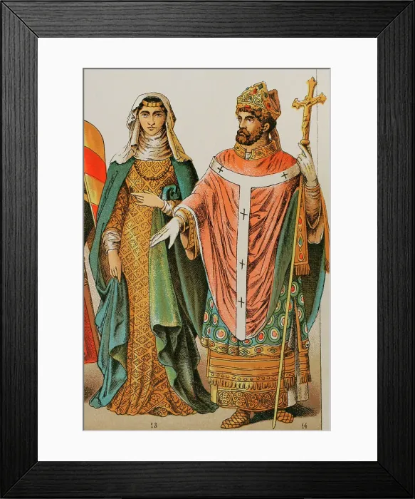 Framed Print : History of England, 1200. Lady and bishop. Chromolithography Framed Print : History of England, 1200. Lady and bishop. Chromolithography