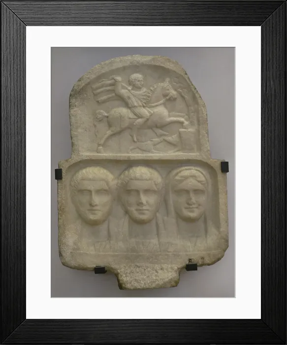 Framed Print : Busts of two bearded men and a woman. Above: relief Framed Print : Busts of two bearded men and a woman. Above: relief