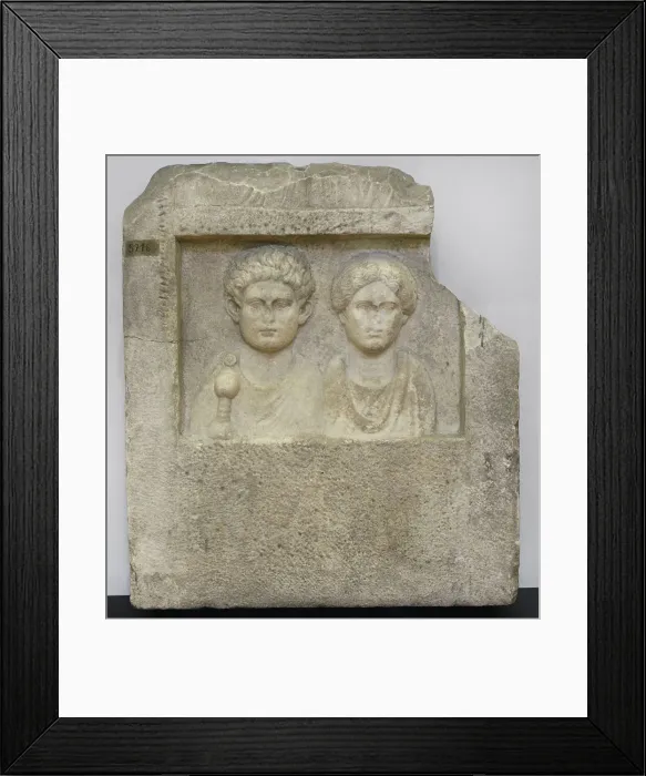 Framed Print : Funerary stele bearing busts of a man with a sword Framed Print : Funerary stele bearing busts of a man with a sword