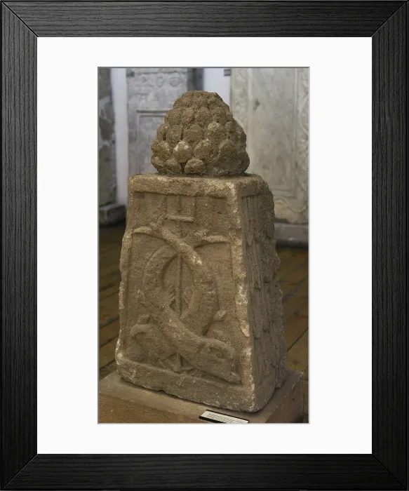 Framed Print : Tombstone. Pine cone, dolphins and trident. 2nd-3rd Framed Print : Tombstone. Pine cone, dolphins and trident. 2nd-3rd