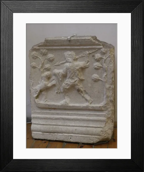 Framed Print : Plate bearing a scene of a man fighting a panther Framed Print : Plate bearing a scene of a man fighting a panther