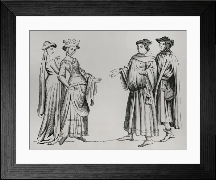 Framed Print : Noble lady and maid of honour accompanied by two Framed Print : Noble lady and maid of honour accompanied by two