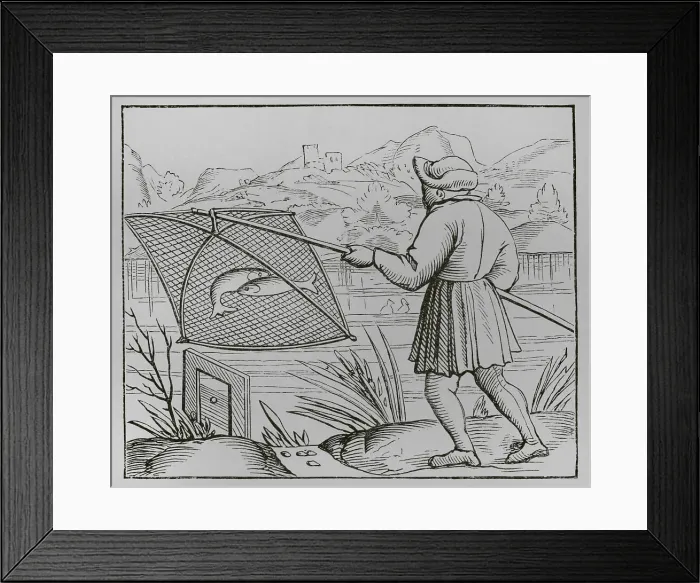 Framed Print : The pond fisherman. Engraving after a woodcut Framed Print : The pond fisherman. Engraving after a woodcut