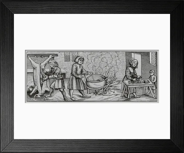 Framed Print : Interior of a kitchen. Facsimile from an engraving Framed Print : Interior of a kitchen. Facsimile from an engraving