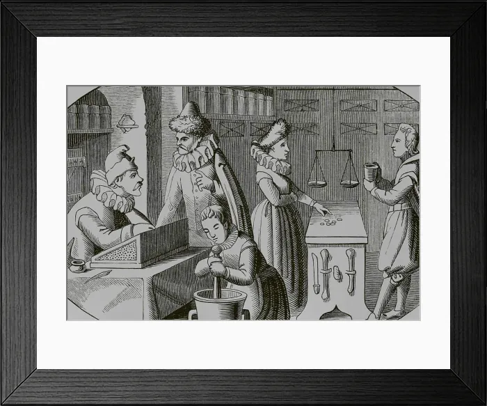 Framed Print : French druggist and grocer, 16th century. Engraving Framed Print : French druggist and grocer, 16th century. Engraving