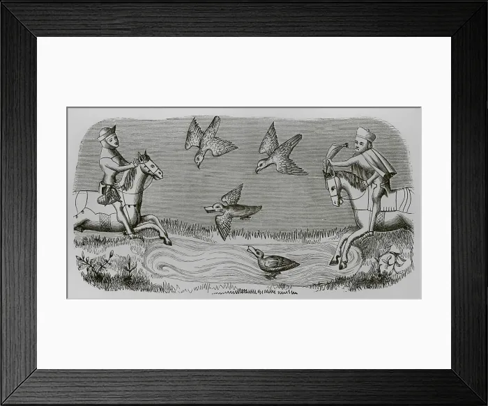 Framed Print : Medieval falconers hunting ducks. Engraving after Framed Print : Medieval falconers hunting ducks. Engraving after