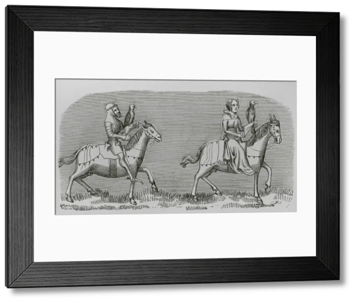 Framed Print : Lady setting out hunting. Engraving after a miniature Framed Print : Lady setting out hunting. Engraving after a miniature