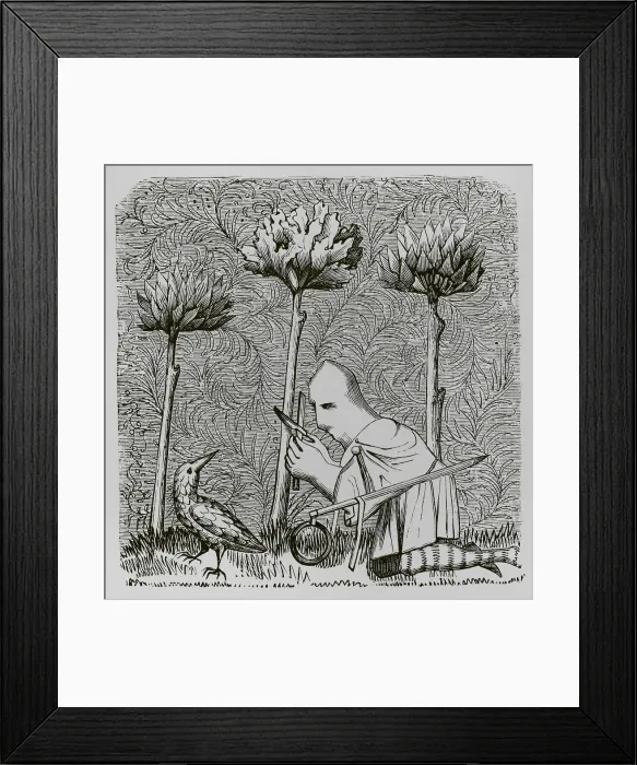 Framed Print : Bird hunter trying to catch a woodcock. Engraving Framed Print : Bird hunter trying to catch a woodcock. Engraving