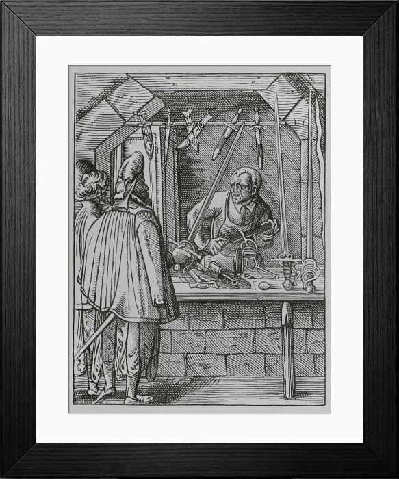 Framed Print : The trades. The swordmaker, 16th century. Engraving Framed Print : The trades. The swordmaker, 16th century. Engraving