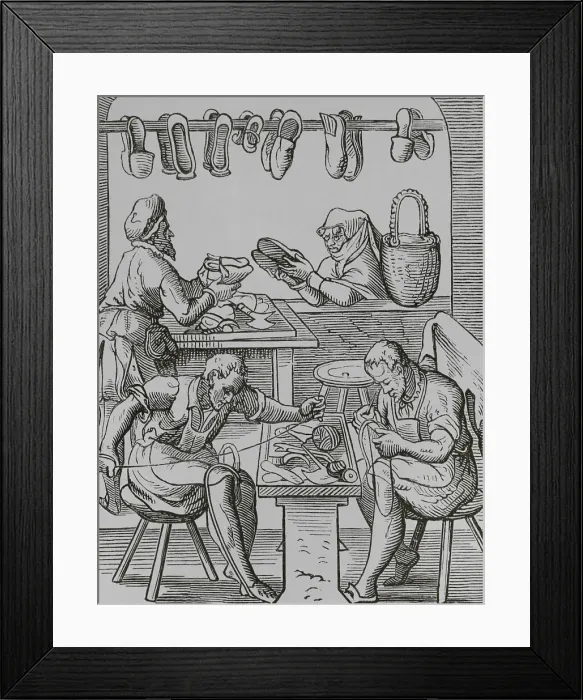 Framed Print : The trades. The shoemaker, 16th century. Engraving Framed Print : The trades. The shoemaker, 16th century. Engraving
