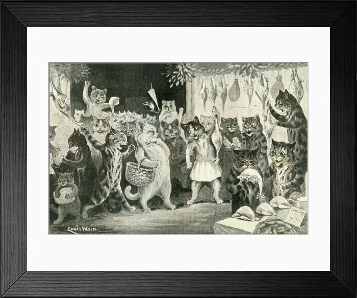 Framed Print : Buying the Christmas Dinner comical cats cartoon, Louis Wain Framed Print : Buying the Christmas Dinner comical cats cartoon, Louis Wain