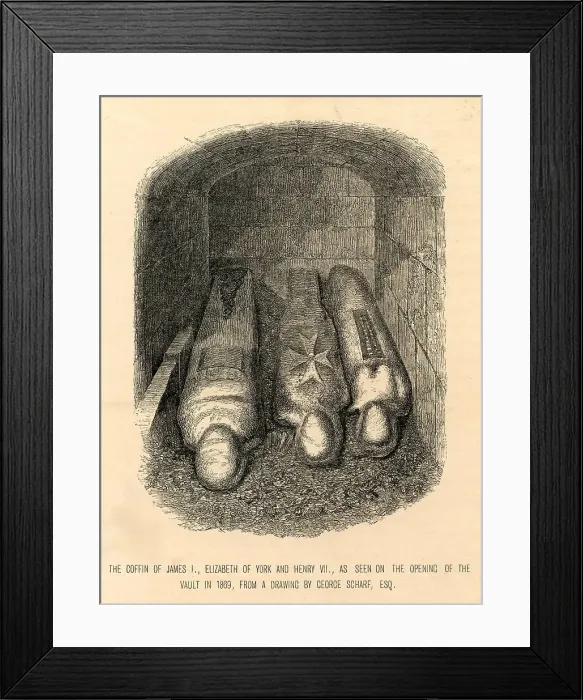 Framed Print : Coffins: James I, Elizabeth of York, Henry VII - open vault Framed Print : Coffins: James I, Elizabeth of York, Henry VII - open vault