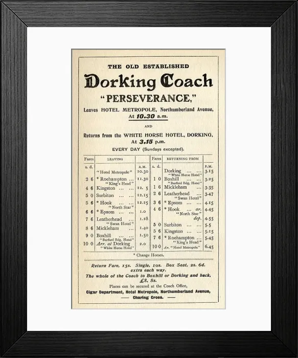 Framed Print : Fare card London to Dorking Public Horse-drawn Coach Framed Print : Fare card London to Dorking Public Horse-drawn Coach