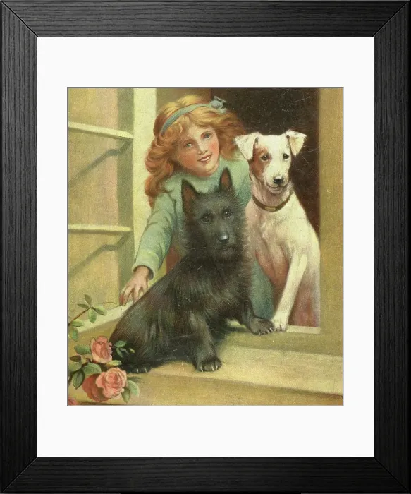 Framed Print : Girl looking out of window with Scottie dog and Jack Russell Framed Print : Girl looking out of window with Scottie dog and Jack Russell