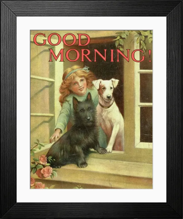 Framed Print : Girl looking out of window with Scottie dog and Jack Russell Framed Print : Girl looking out of window with Scottie dog and Jack Russell