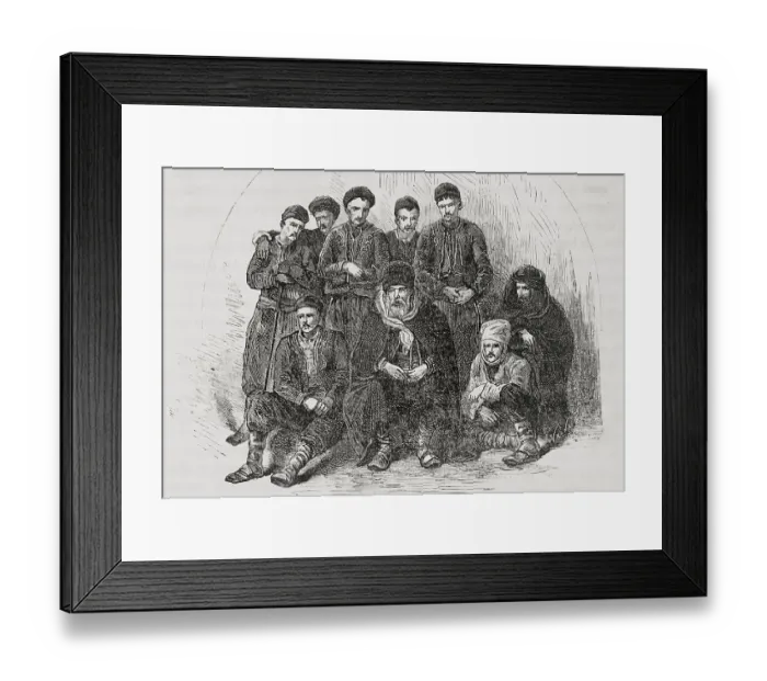 Framed Print : Bulgarian villagers. Engraving by Valnay, 1877