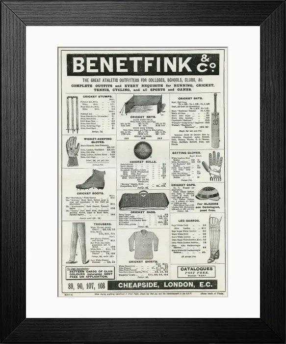 Framed Print : Cricket Equipment, Benetfink & Co, Sports Outfitters Framed Print : Cricket Equipment, Benetfink & Co, Sports Outfitters