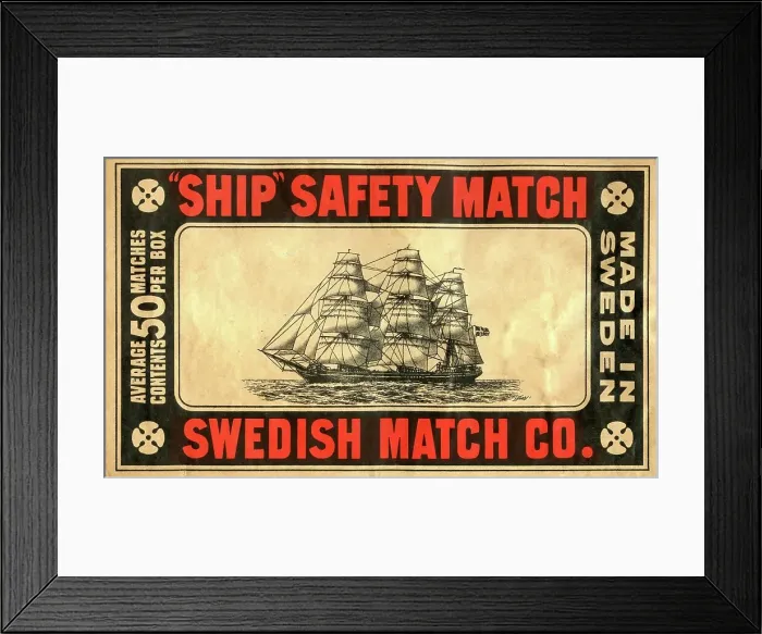 Framed Print : Ship Safety Matches - Matchbox top carton label Framed Print : Ship Safety Matches - Matchbox top carton label