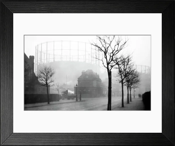 Framed Print : Gasometers in the early morning mist, probably 1920s Framed Print : Gasometers in the early morning mist, probably 1920s