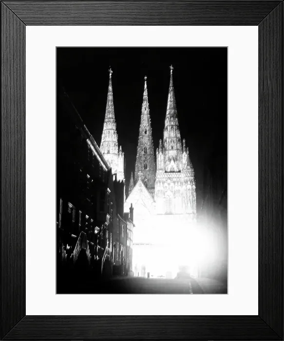 Framed Print : Lichfield Cathedral floodlit in 1951 Framed Print : Lichfield Cathedral floodlit in 1951