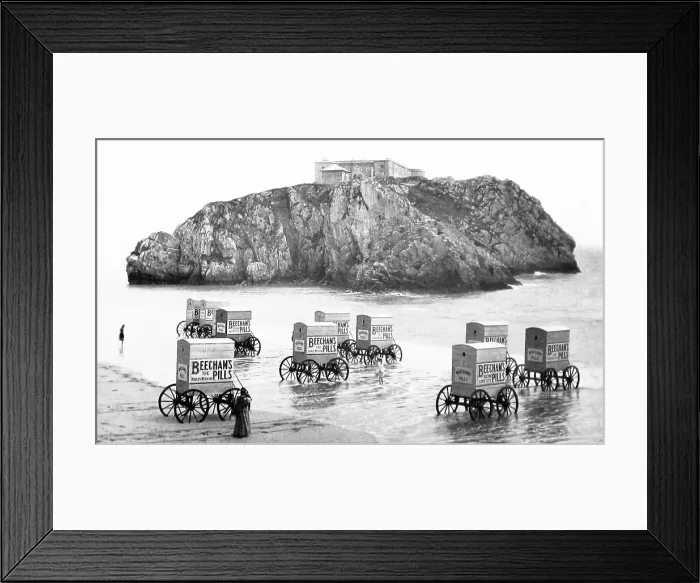 Framed Print : Advertising Beecham's Pills - bathing machines, Tenby, Wales Framed Print : Advertising Beecham's Pills - bathing machines, Tenby, Wales