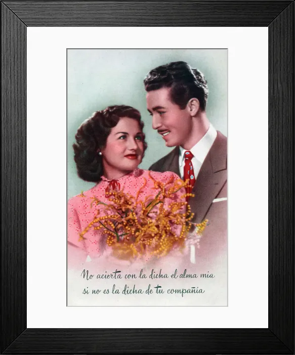 Framed Print : Loving Spanish Couple with bouquet and romantic verse Framed Print : Loving Spanish Couple with bouquet and romantic verse