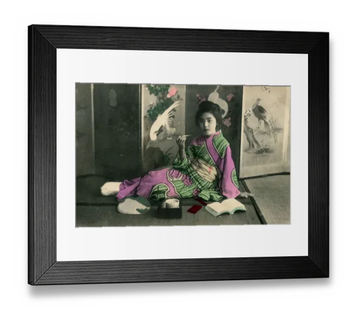 Framed Print : Geisha seated before a folding screen featuring cranes Framed Print : Geisha seated before a folding screen featuring cranes