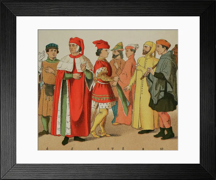 Framed Print : History of Italy. 1300. From left to right: citizen Framed Print : History of Italy. 1300. From left to right: citizen