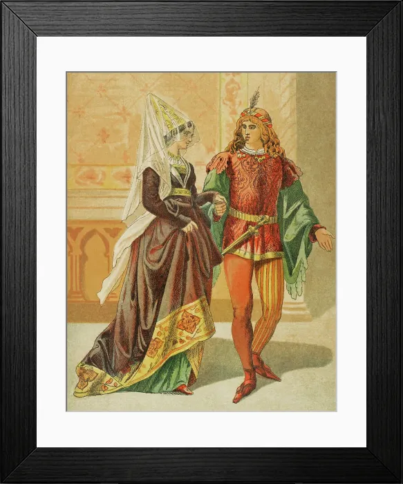Framed Print : Europe. 14th century. Lady and minstrel. Chromolithography Framed Print : Europe. 14th century. Lady and minstrel. Chromolithography