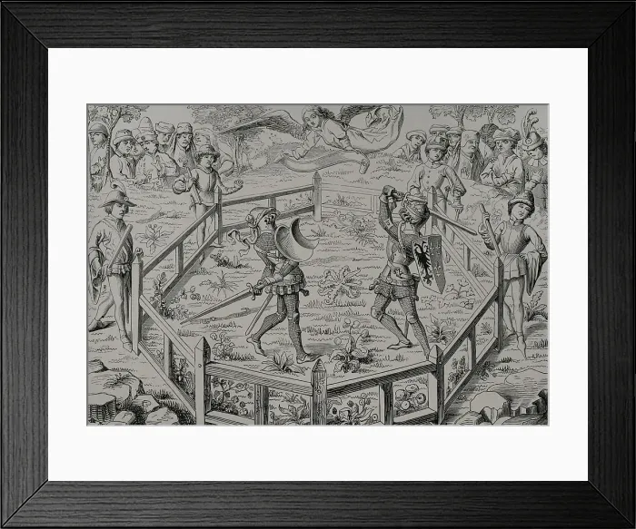 Framed Print : Judgement of God. Two knights fight a duel. Engraving Framed Print : Judgement of God. Two knights fight a duel. Engraving