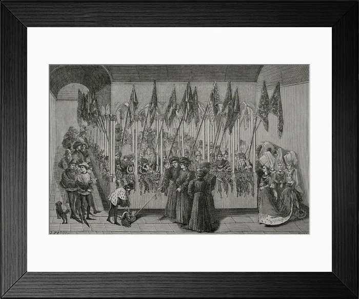 Framed Print : Tournaments. Review of helmets in the cloister Framed Print : Tournaments. Review of helmets in the cloister