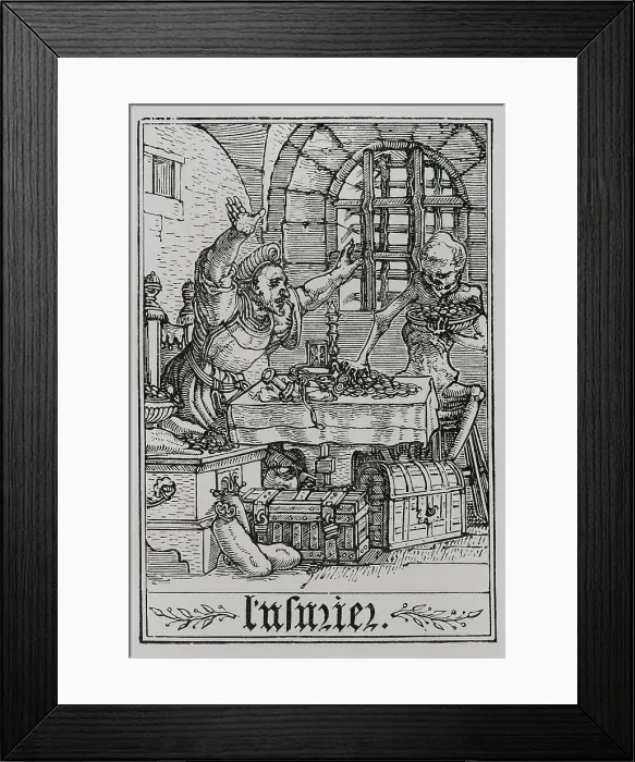 Framed Print : The Miser. Depiction of a rich man who has locked Framed Print : The Miser. Depiction of a rich man who has locked