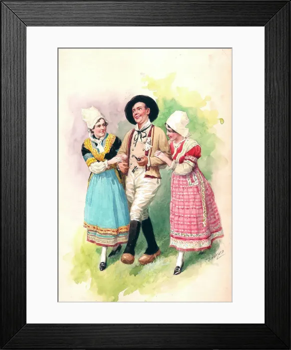 Framed Print : Bretons. Postcard design. Breton man and two ladies in traditional costume. Date: 1920s Framed Print : Bretons. Postcard design. Breton man and two ladies in traditional costume. Date: 1920s