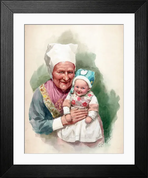 Framed Print : Bretons. Postcard design. Breton old lady with baby in traditional costume. Date: 1920s Framed Print : Bretons. Postcard design. Breton old lady with baby in traditional costume. Date: 1920s