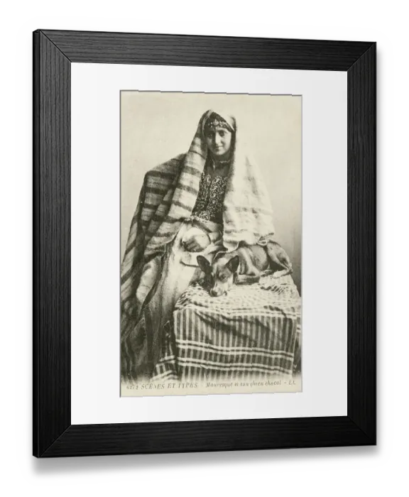 Framed Print : Young Moorish Woman with her jackal-type pet dog - Morocco Framed Print : Young Moorish Woman with her jackal-type pet dog - Morocco
