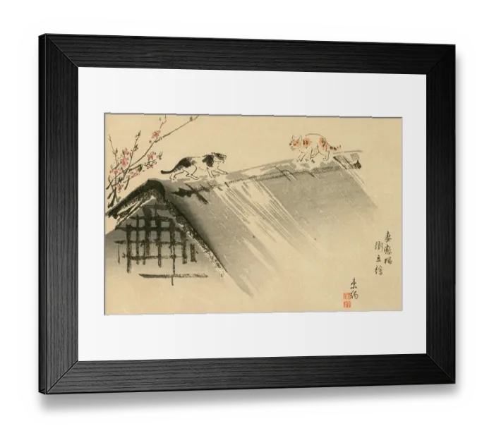 Framed Print : Woodblock print - Japan - Two cats fight on a roof Framed Print : Woodblock print - Japan - Two cats fight on a roof
