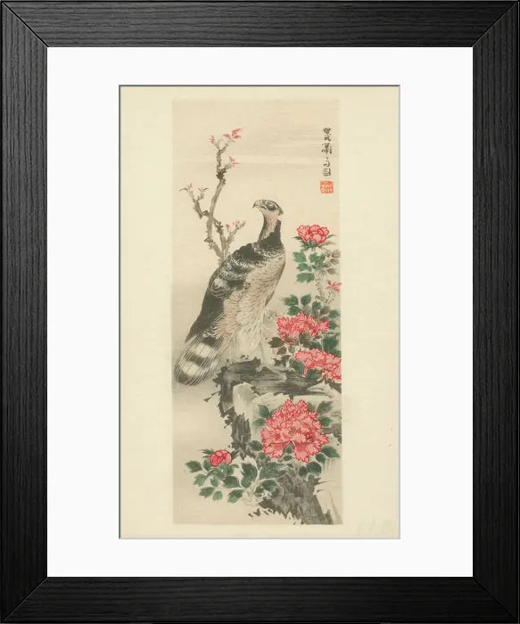 Framed Print : Hawk with Peonies by Soga Shohaku Framed Print : Hawk with Peonies by Soga Shohaku