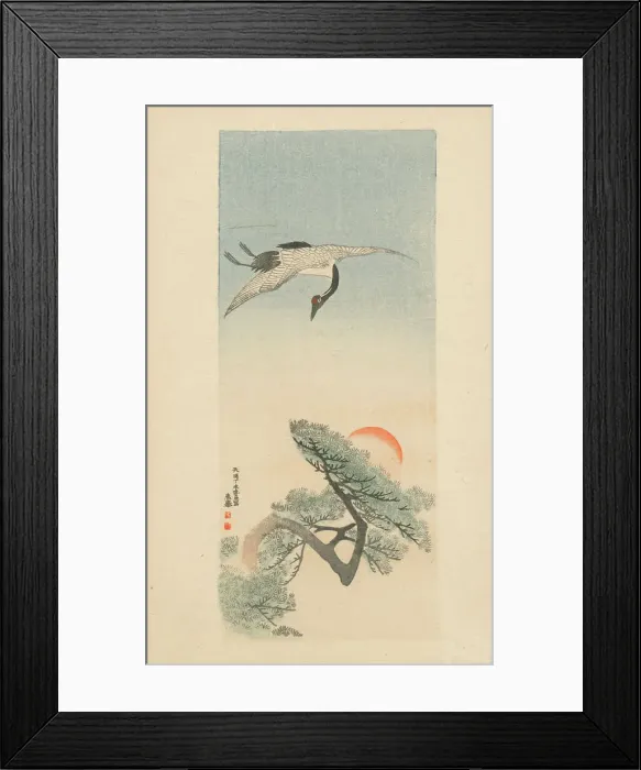 Framed Print : Crane flying over a pine tree with the setting sun - print Framed Print : Crane flying over a pine tree with the setting sun - print
