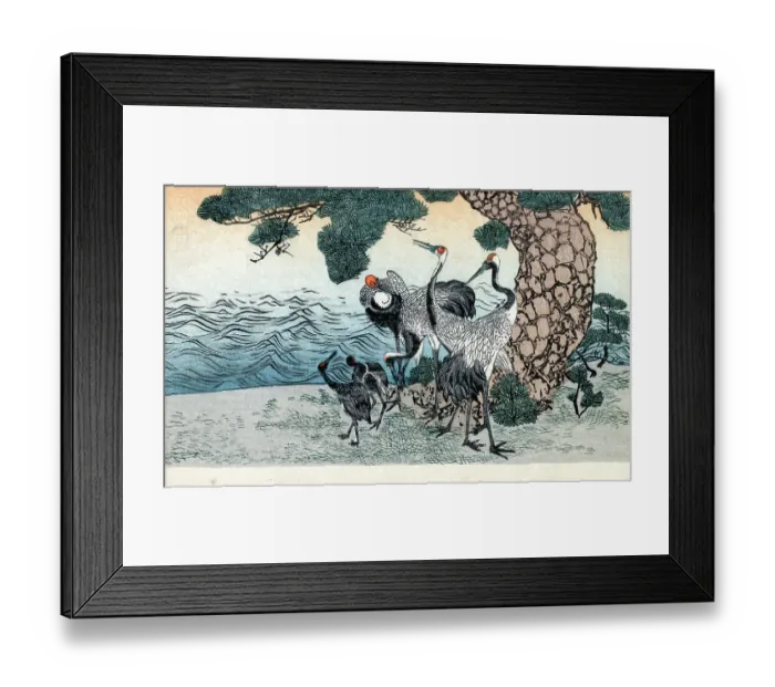 Framed Print : Japanese Print - Waterside pine and a family of cranes Framed Print : Japanese Print - Waterside pine and a family of cranes